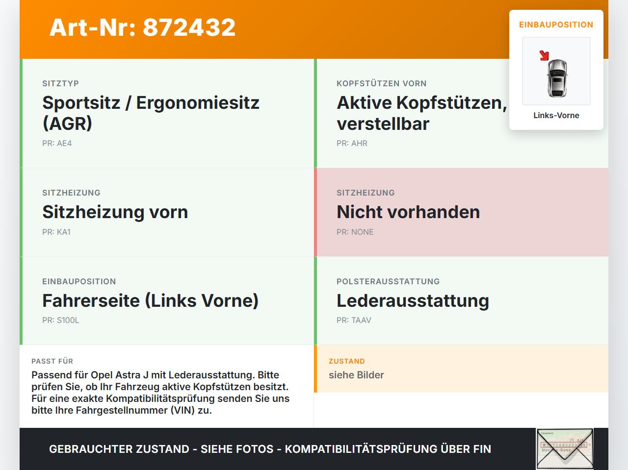 Opel Astra J 10-12 Kopfstütze Leder für Fahrer Sitz Links Vorne Opel Astra J 10-12 11.02.2011 gebraucht Vorschau 3