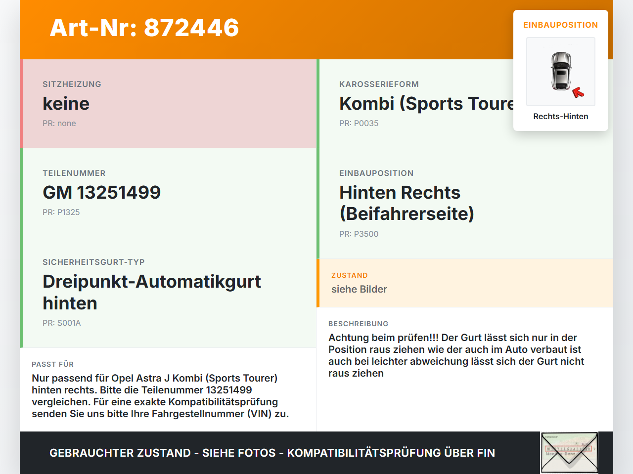 Opel Astra J 10-12 Kombi Gurt Sicherheitsgurt Rechts Hinten Opel Astra J 10-12 11.02.2011 13309838 13251499... Vorschau 3