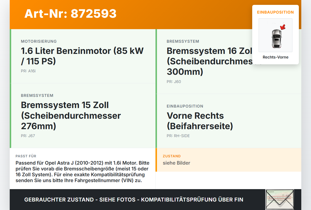 Opel Astra J 10-12 1,6i 85KW Bremssattel Bremszange Vorne Rechts Opel Astra J 10-12 11.02.2011 gebraucht Vorschau 3
