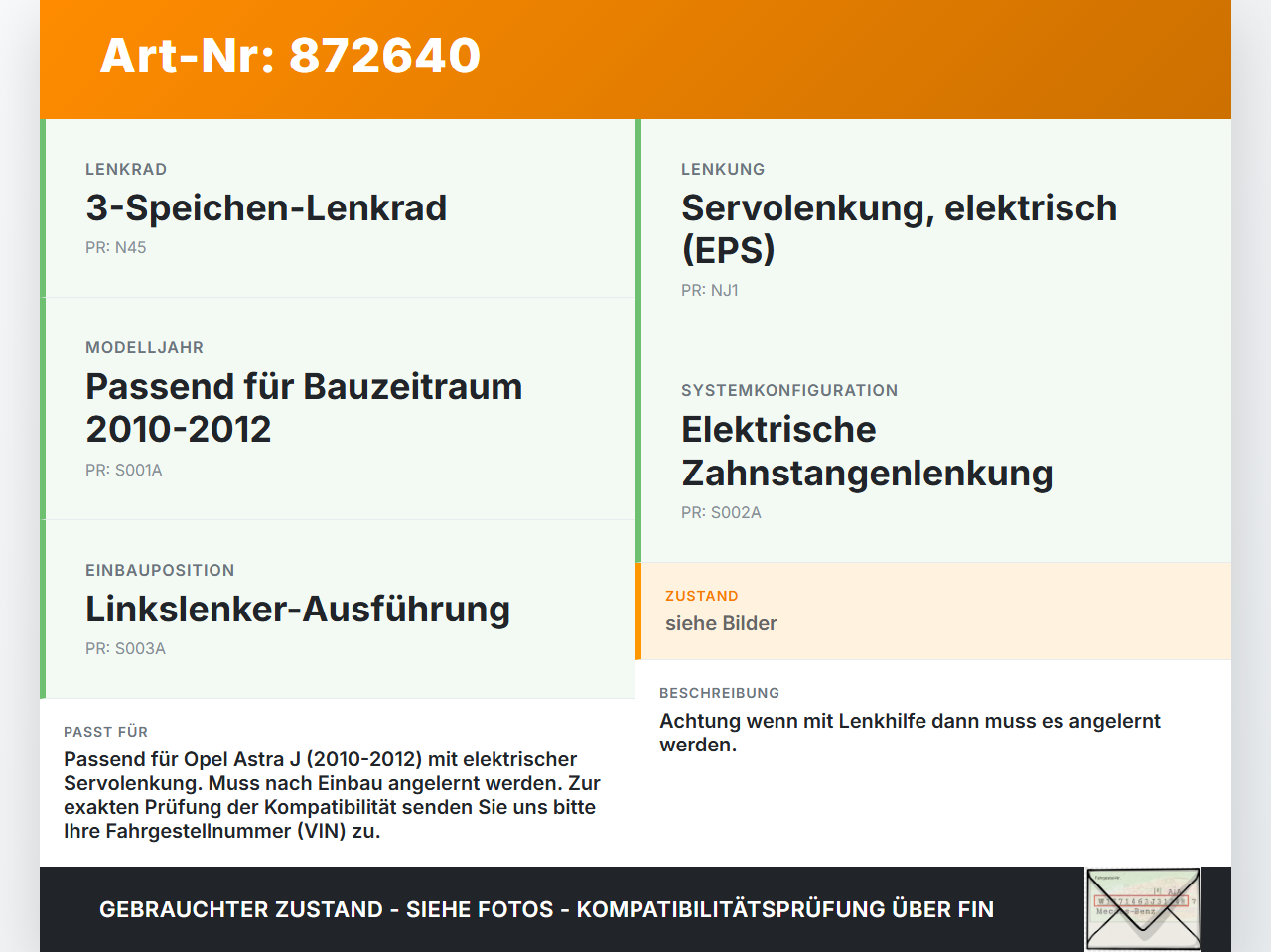 Opel Astra J 10-12 Lenkgetriebe Elektrische Servolenkung 13366874 Opel Astra J 10-12 11.02.2011 0273010163... Vorschau 3