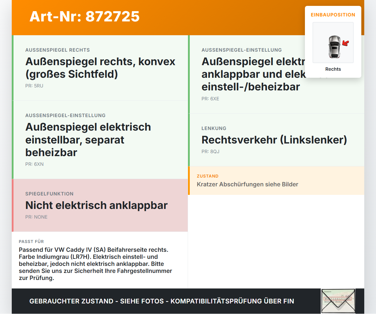 VW Caddy IV SA 15-21 Spiegel Aussenspiegel Rechts LR7H VW Caddy IV SA 15-21 17.09.2016 2K5857388BD 2K5857388BDR7H... Vorschau 3