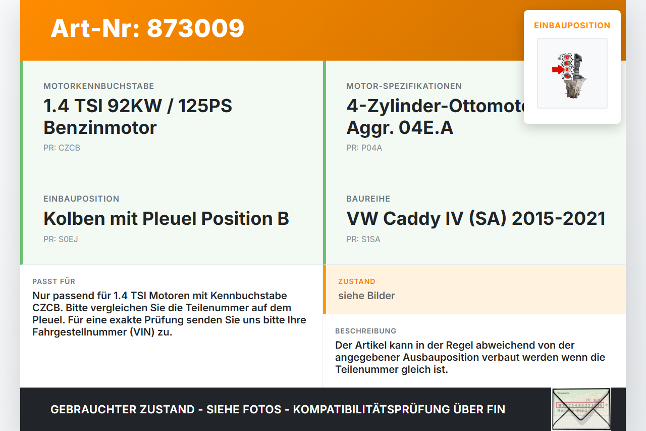 VW Caddy IV SA 15-21 TSI 1,4 92KW CZCB Kolben mit Pleuel Pos B VW Caddy IV SA 15-21 17.09.2016 gebraucht Vorschau 3