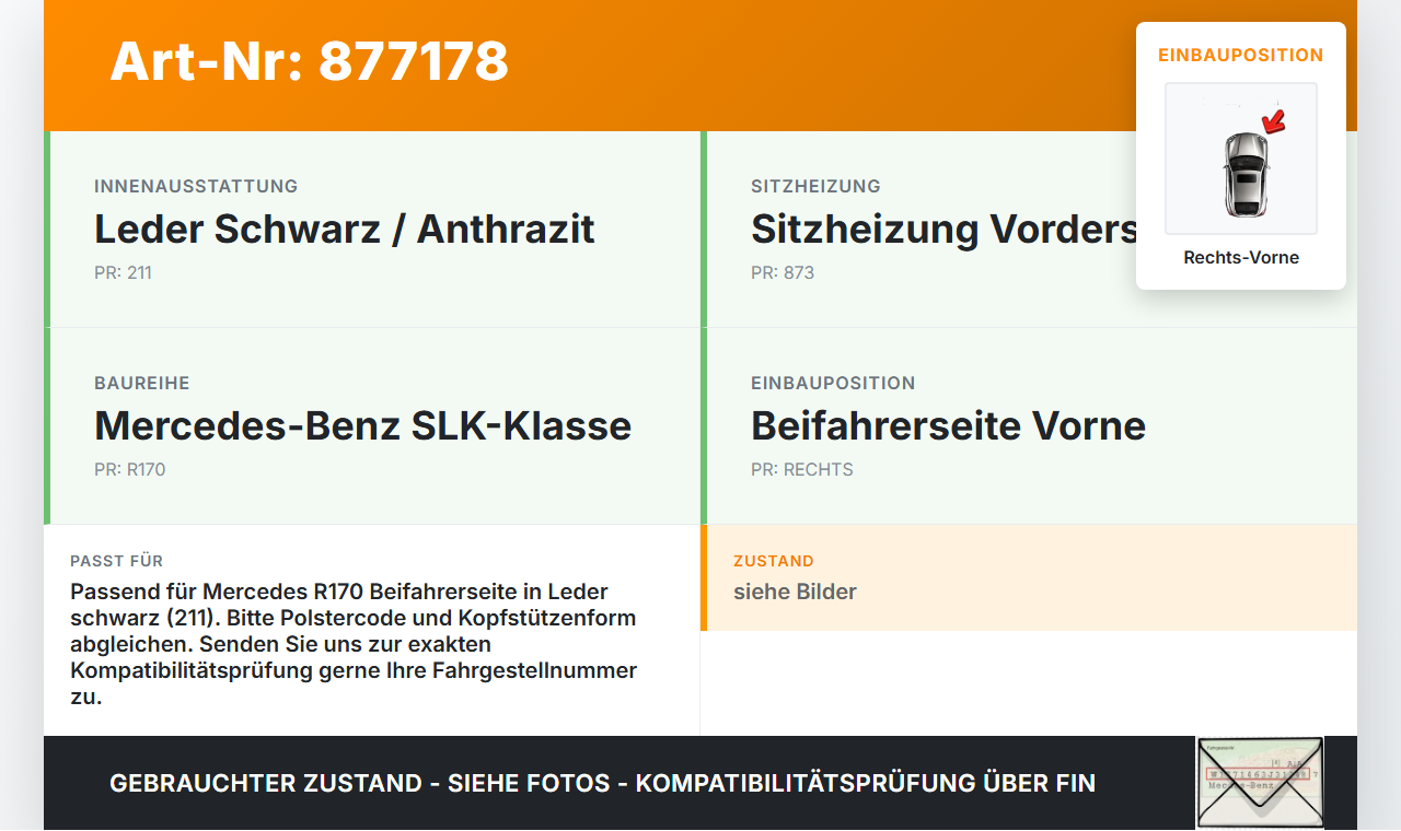 Mercedes R170 SLK Leder Kopfstütze Rechts Vorne Mercedes R170 SLK 03.04.2000 gebraucht Vorschau 3