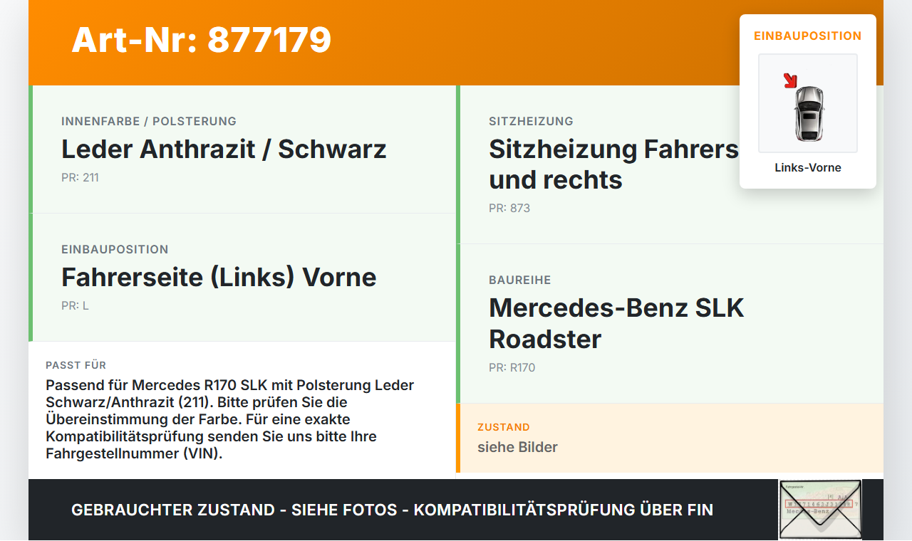 Mercedes R170 SLK Cabriolet Leder Kopfstütze Fahrer Links Vorne Leder Mercedes R170 SLK 03.04.2000 gebraucht Vorschau 3