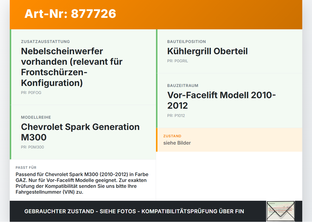 Chevrolet Spark M300 10-12 Frontgrill Kühlergrill Grill Oberteil GAZ Chevrolet Spark M300 10-12 14.02.2011 96687047... Vorschau 3