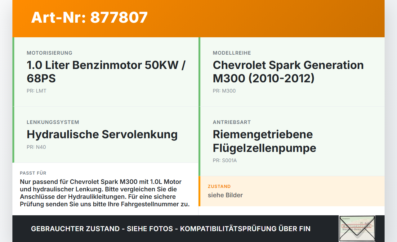 Chevrolet Spark M300 10-12 1,0 50KW Servopumpe Hydraulikpumpe für Lenkung Chevrolet Spark M300 10-12 14.02.2011... Vorschau 3