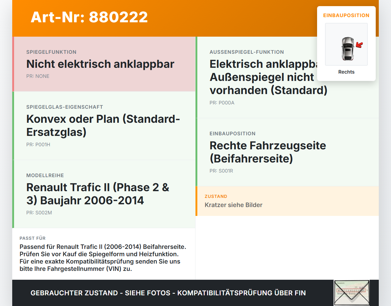 Renault Trafic II 06-14 Spiegel Aussenspiegel Rechts Renault Trafic II 06-14 31.01.2007 gebraucht Vorschau 3