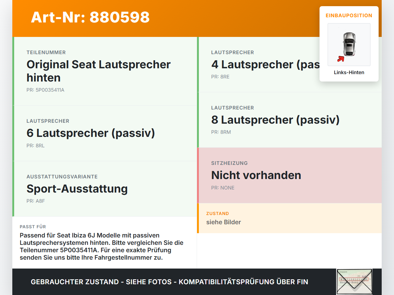 Seat Ibiza IV 6J 08-12 Lautsprecher Links Hinten Seat Ibiza IV 6J 08-12 07.10.2010 5P0035411A 430407860671 gebraucht Vorschau 3