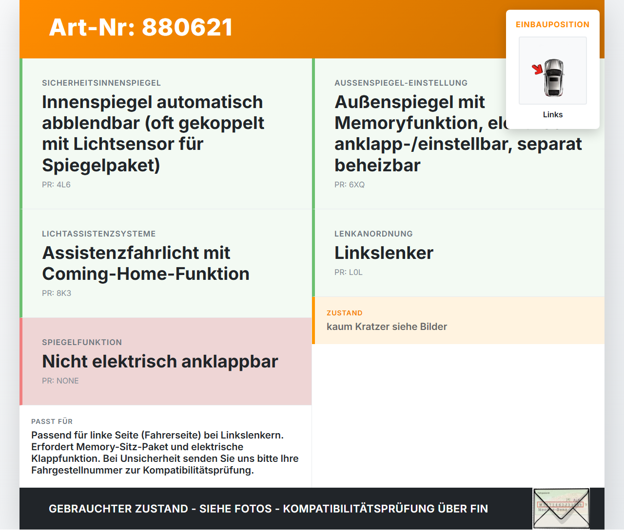 VW Scirocco III 13 08-14 Spiegel Aussenspiegel Links mit Memory Elektr. Klappbar beheizt LC9X VW Scirocco III 13... Vorschau 3