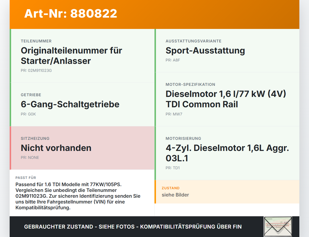 Seat Ibiza IV 6J 08-12 Tdi 1,6 77KW Anlasser Starter Seat Ibiza IV 6J 08-12 07.10.2010 02M911023M gebraucht Vorschau 3