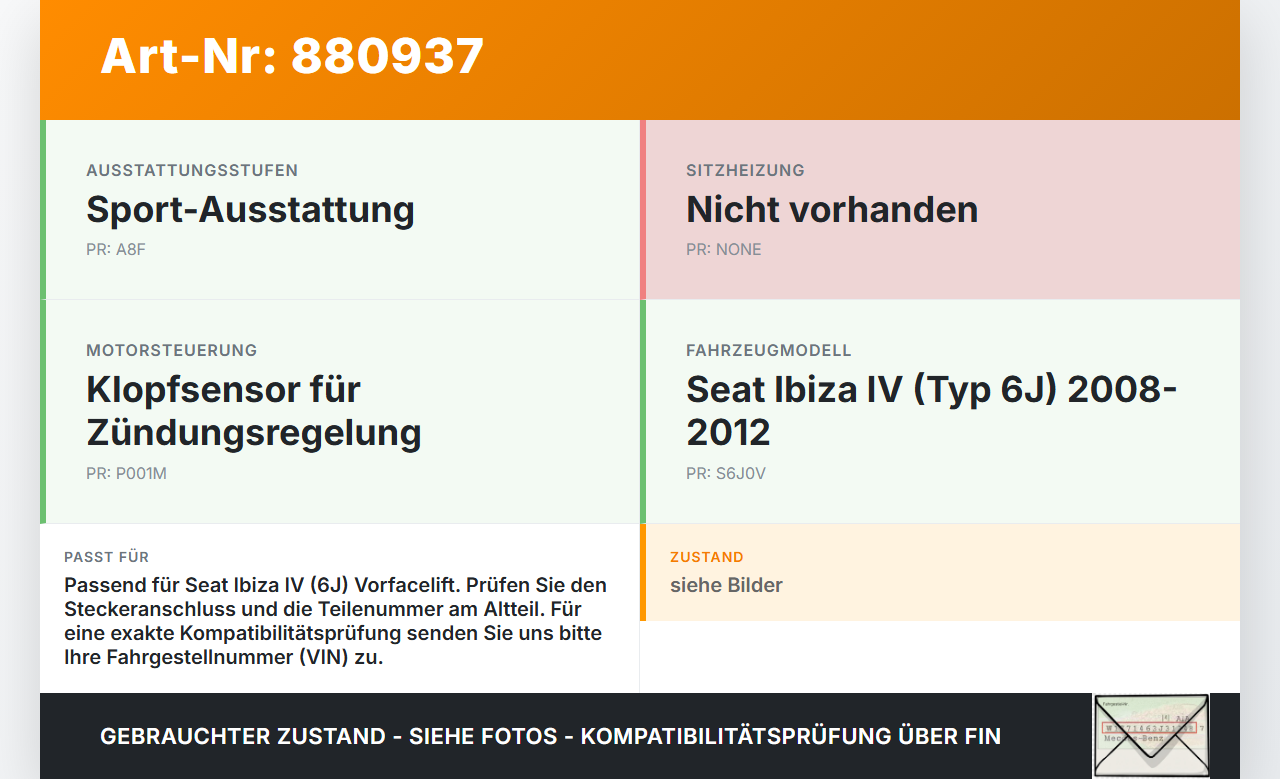 Seat Ibiza IV 6J 08-12 Klopfsensor Sensor Seat Ibiza IV 6J 08-12 07.10.2010 gebraucht Vorschau 3