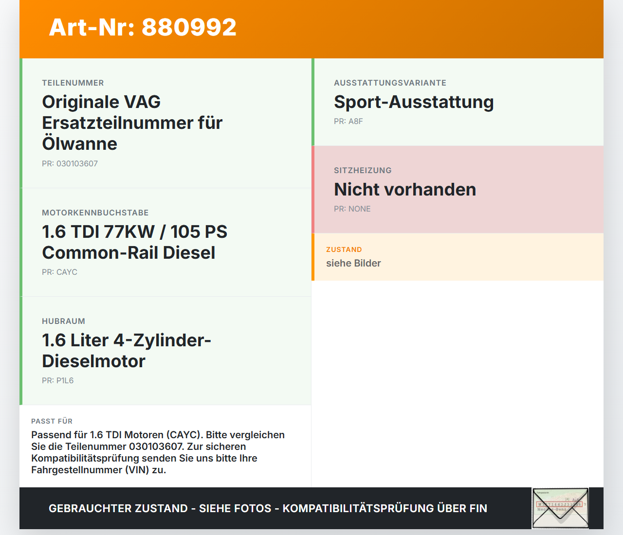 Seat Ibiza IV 6J 08-12 Tdi 1,6 77KW CAYC Ölwanne Motorwanne Seat Ibiza IV 6J 08-12 07.10.2010 030103607 gebraucht Vorschau 3