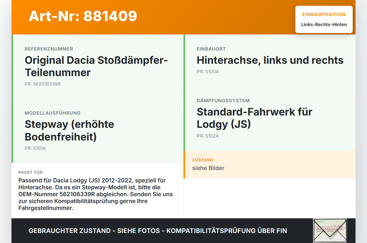 Dacia Lodgy JS 12-22 Stossdämpfer Links und Rechts Hinten Dacia Lodgy JS 12-22 23.02.2018 814903012439 562106339R... Vorschau 3