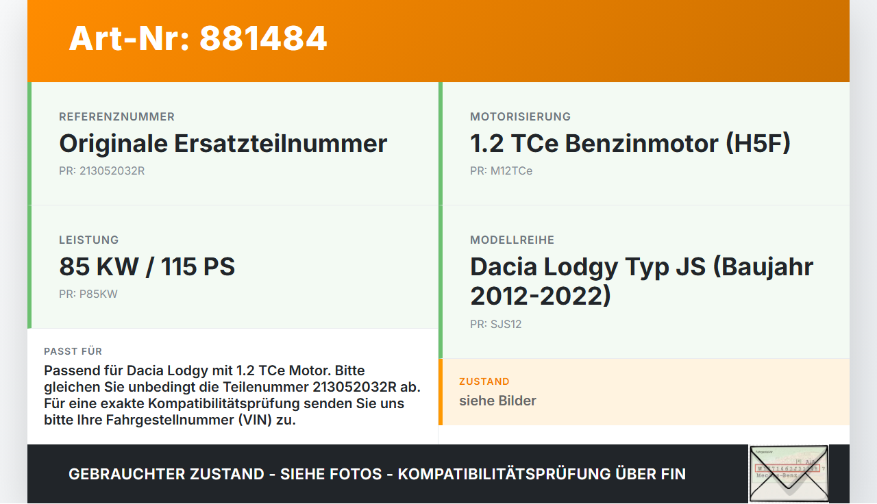 Dacia Lodgy JS 12-22 TCe 1,2 85KW Ölkühler Dacia Lodgy JS 12-22 23.02.2018 213052032R TGLU114485 gebraucht Vorschau 3