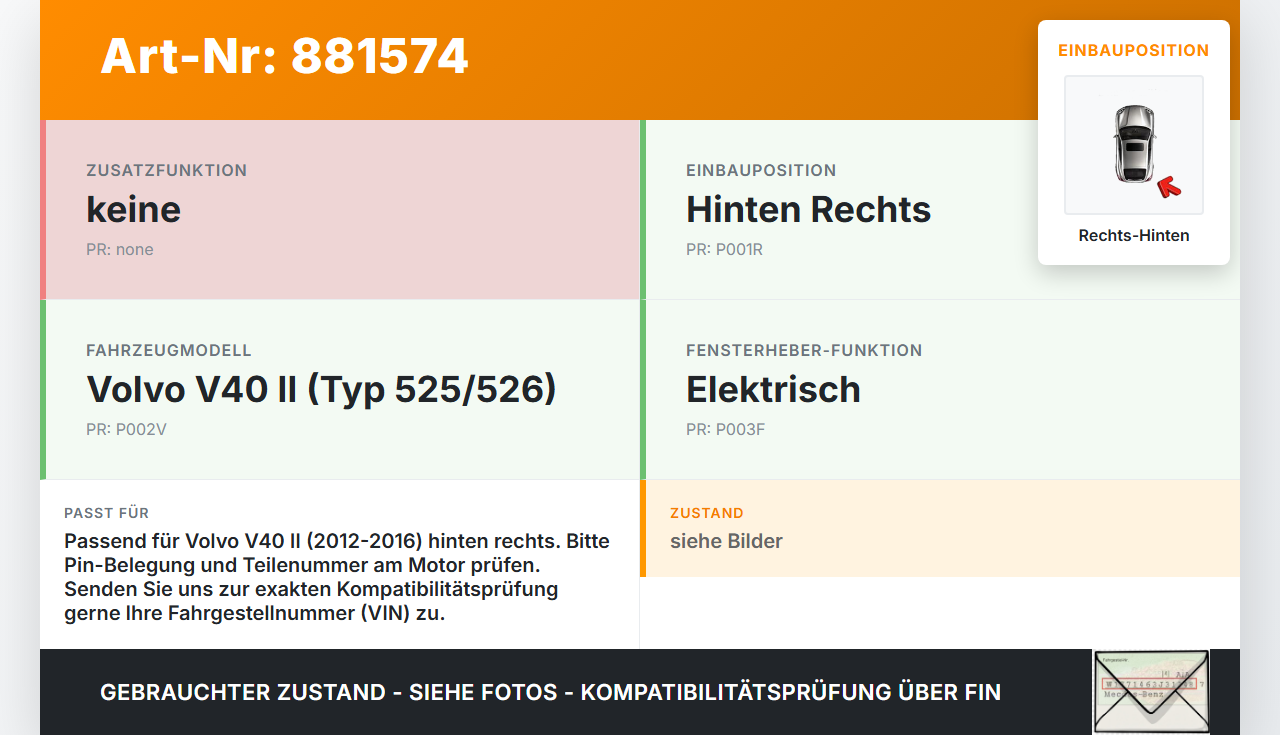 Volvo V40 II 12-16 Fensterhebermotor Rechts Hinten Volvo V40 II 12-16 05.11.2013 gebraucht Vorschau 3