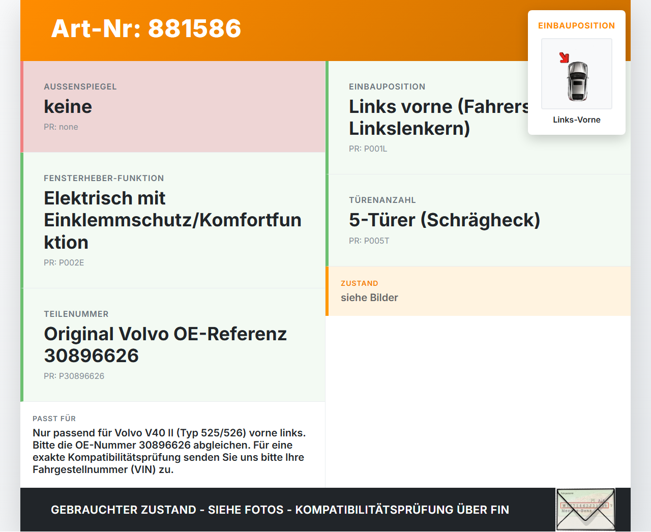 Volvo V40 II 12-16 Fensterhebermotor Links Vorne Volvo V40 II 12-16 05.11.2013 30896626 gebraucht Vorschau 3