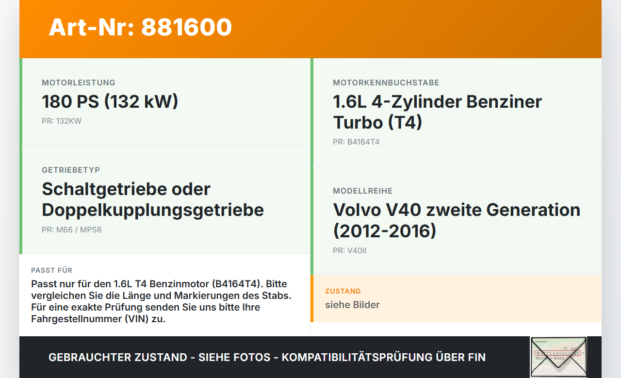 Volvo V40 II 12-16 T4 1,6 132KW B4164T4 Ölmessstab Öl Stab Volvo V40 II 12-16 05.11.2013 gebraucht Vorschau 3