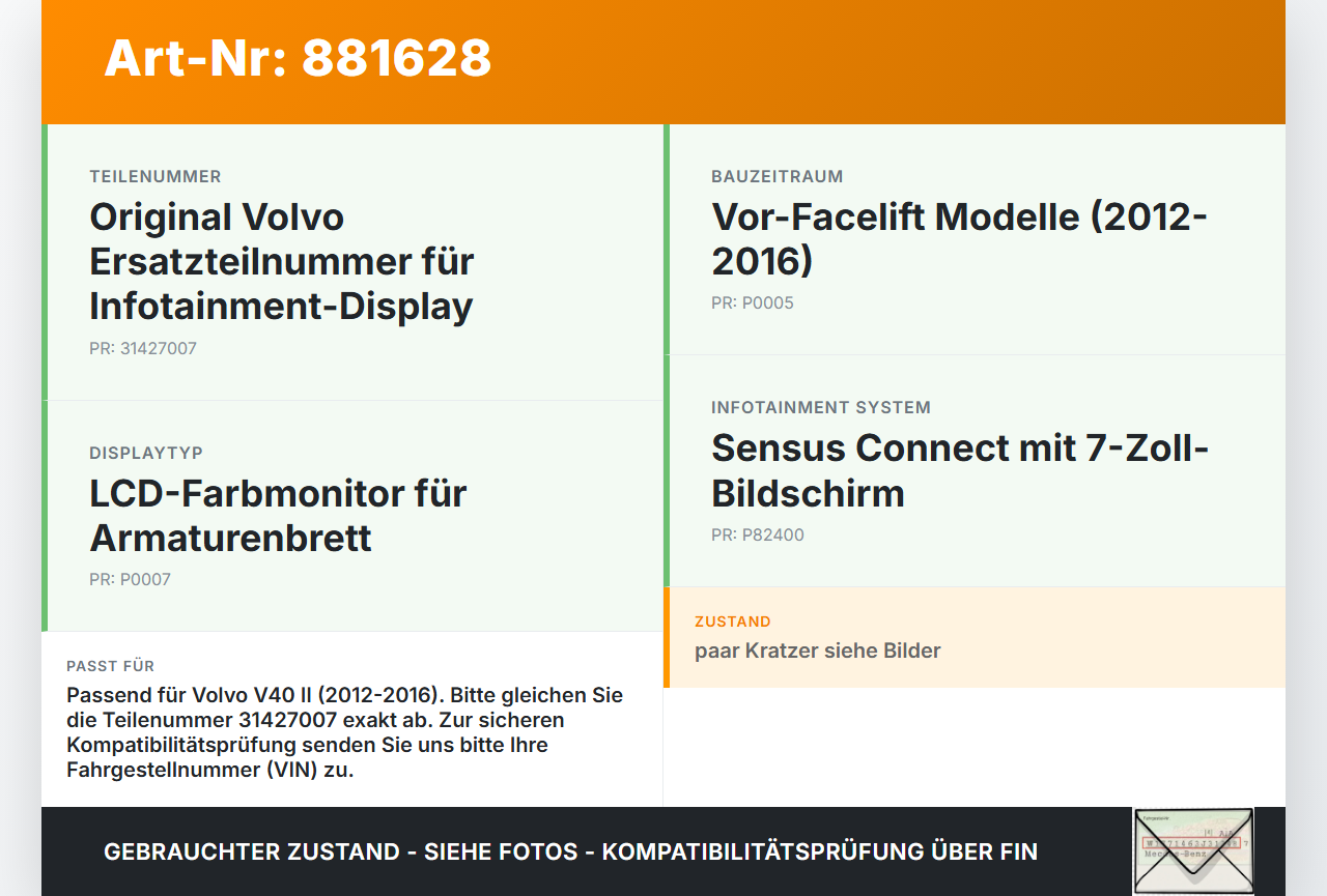 Volvo V40 II 12-16 Bildschirm Display Monitor Volvo V40 II 12-16 05.11.2013 31427007 7505800023 gebraucht Vorschau 3