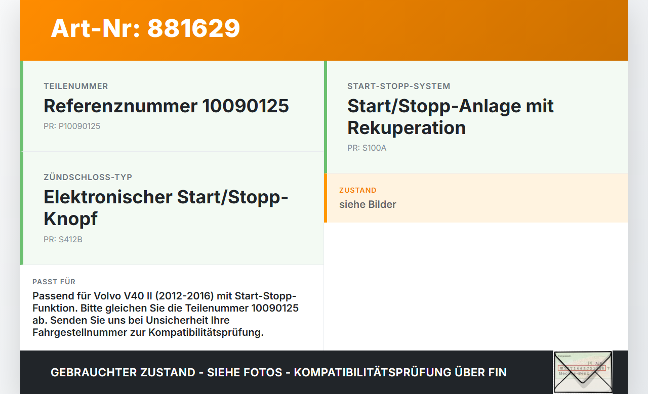 Volvo V40 II 12-16 Schalter Start Stop On Off Anlassschalter Volvo V40 II 12-16 05.11.2013 31394114 10090125 gebraucht Vorschau 3