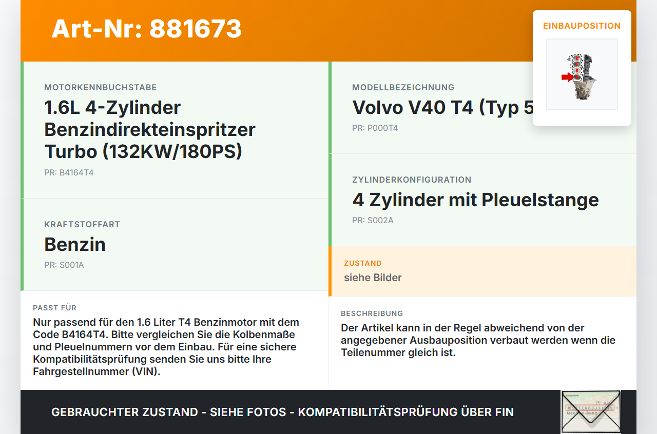 Volvo V40 II 12-16 T4 1,6 132KW B4164T4 Kolben mit Pleuel Pos A Volvo V40 II 12-16 05.11.2013 gebraucht Vorschau 3