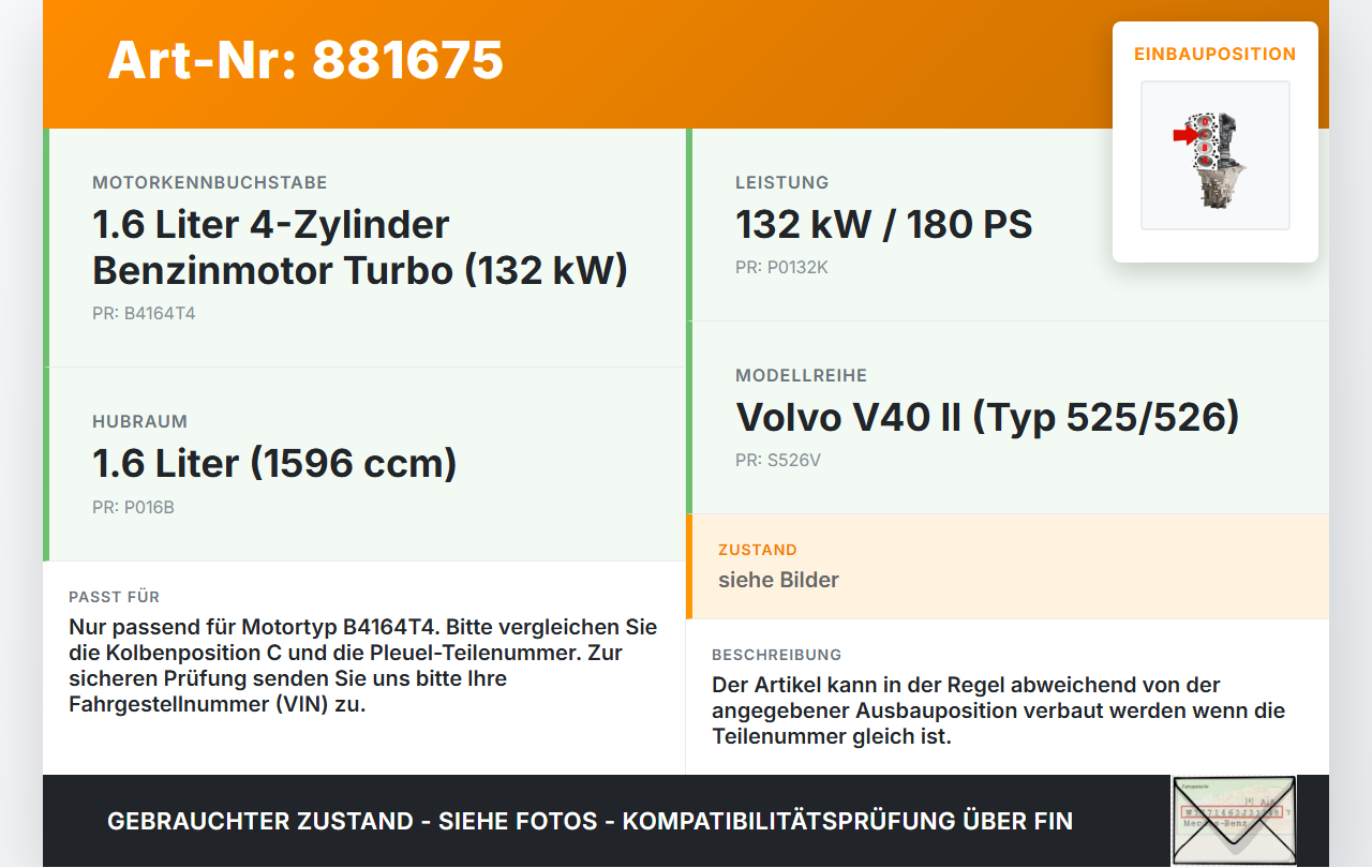 Volvo V40 II 12-16 T4 1,6 132KW B4164T4 Kolben mit Pleuel Pos C Volvo V40 II 12-16 05.11.2013 gebraucht Vorschau 3