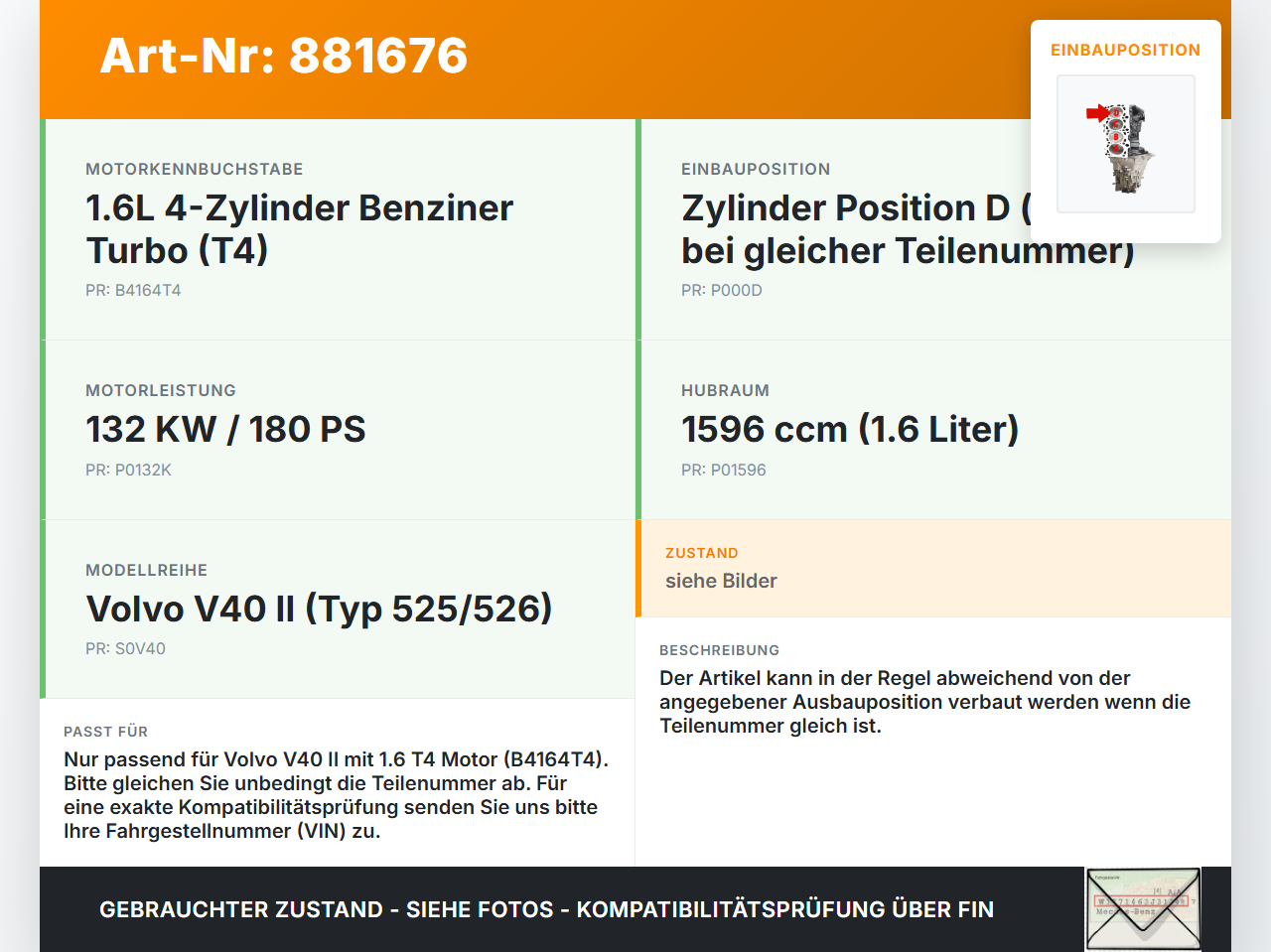 Volvo V40 II 12-16 T4 1,6 132KW B4164T4 Kolben mit Pleuel Pos D Volvo V40 II 12-16 05.11.2013 gebraucht Vorschau 3