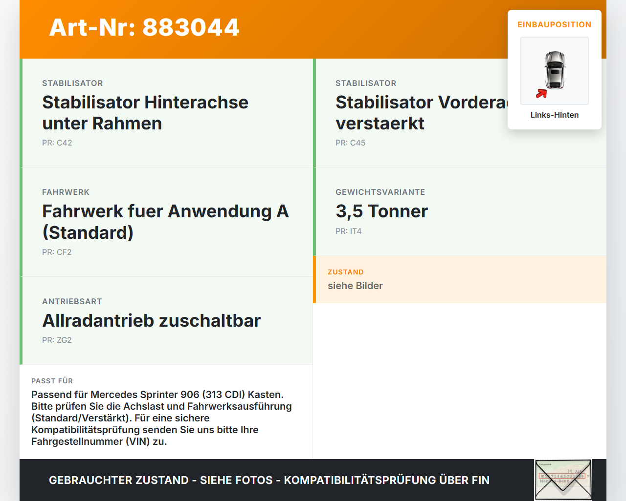 Mercedes Sprinter 906 313 06-13 Kasten Stossdämpfer Links Hinten Mercedes Sprinter 906 313 06-13 24.04.2008 gebraucht Vorschau 3