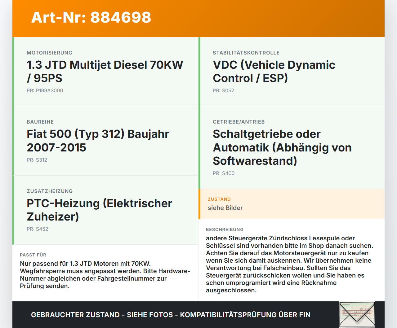 Fiat 500 312 07-15 1,3JTD 70KW Steuergerät ECU für Motor Motorsteuergerät Fiat 500 312 07-15 29.10.2014 55259329... Vorschau 3