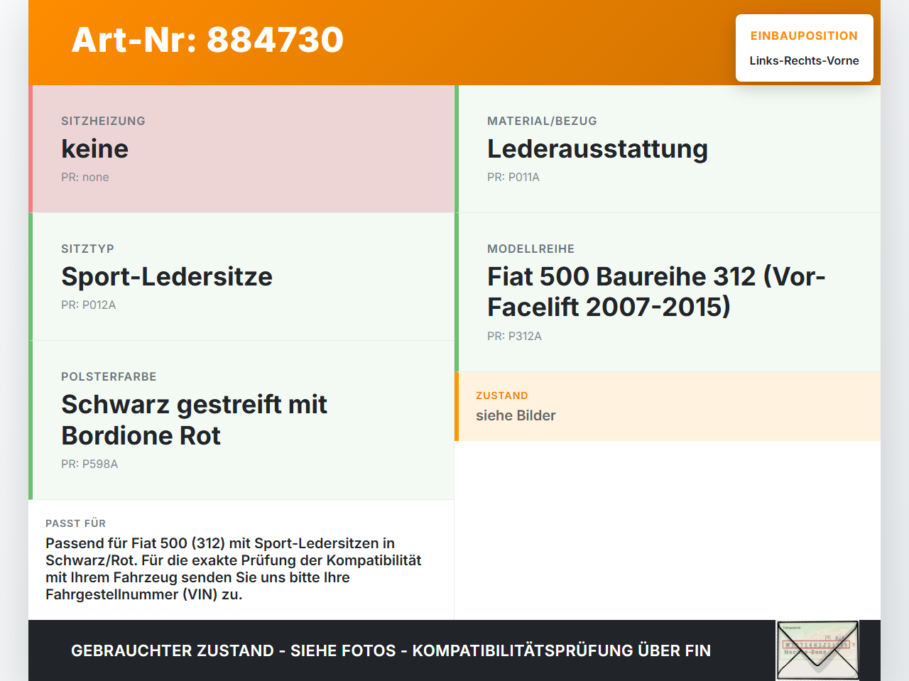 Fiat 500 312 07-15  Leder Kopfstütze für Beifahrer Sitz Rechts oder Links Vorne Fiat 500 312 07-15 29.10.2014 gebraucht Vorschau 3