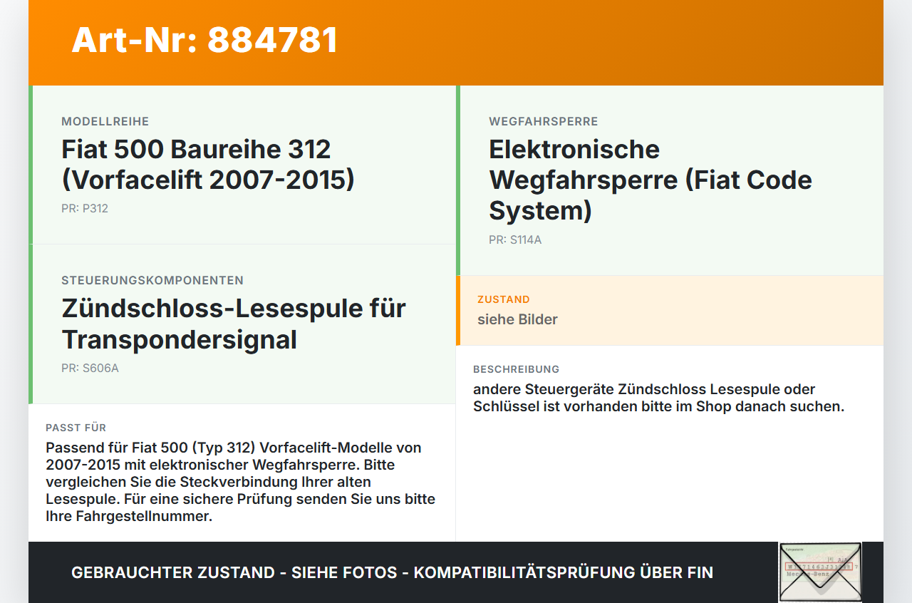 Fiat 500 312 07-15 Lesespule Fiat 500 312 07-15 29.10.2014 gebraucht Vorschau 3