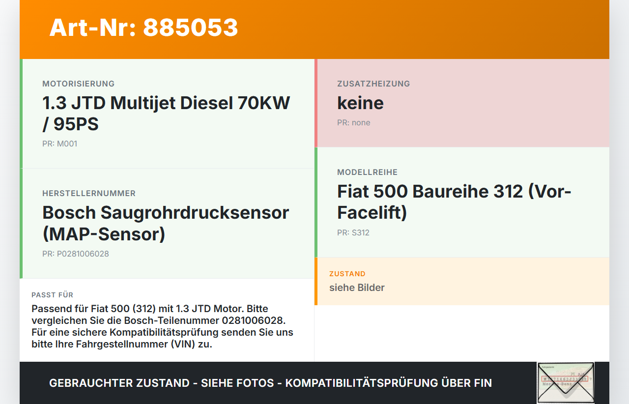 Fiat 500 312 07-15 1,3JTD 70KW Luftdruck MAP Sensor Fiat 500 312 07-15 29.10.2014 0281006028 gebraucht Vorschau 3