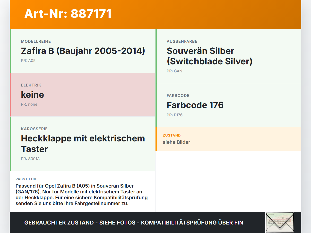 Opel Zafira B  A05 11-16 Griff Öffner Taster Aussen Heckklappe GAN 176 Opel Zafira B  A05 11-16 04.06.2013 gebraucht Vorschau 3