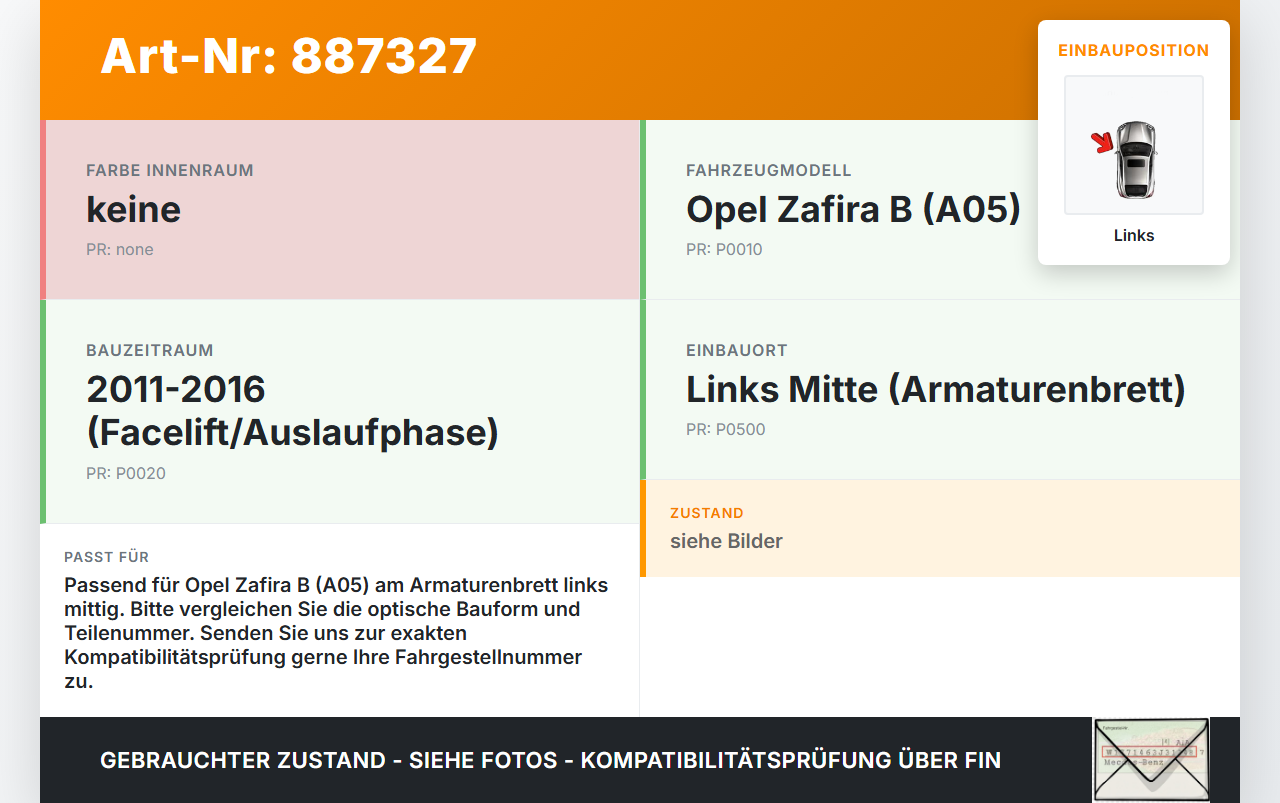 Opel Zafira B  A05 11-16 Luftdusche Luftdüse Links Mitte Opel Zafira B  A05 11-16 04.06.2013 1000745 gebraucht Vorschau 3