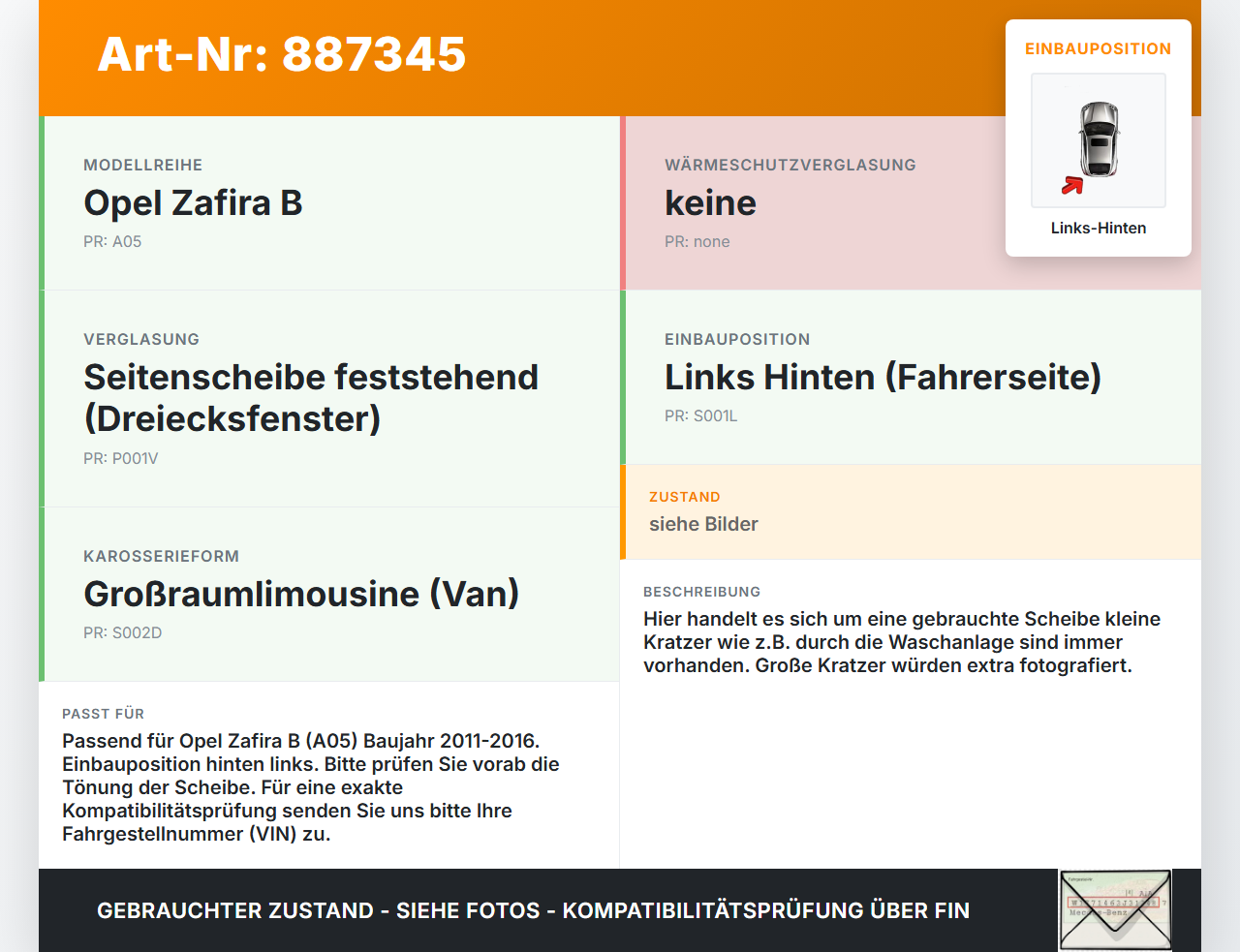 Opel Zafira B  A05 11-16 LH Dreieck Seitenscheibe Links Hinten Opel Zafira B  A05 11-16 04.06.2013 gebraucht Vorschau 3