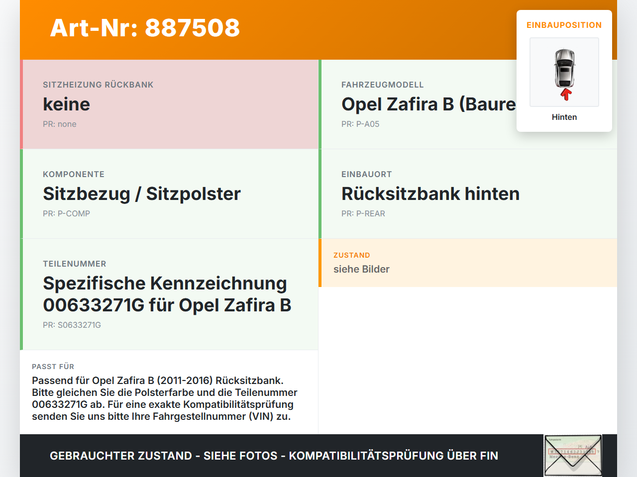 Opel Zafira B  A05 11-16 Sitzbezug Sitzpolster für Rücksitzbank Hinten Opel Zafira B  A05 11-16 04.06.2013... Vorschau 3