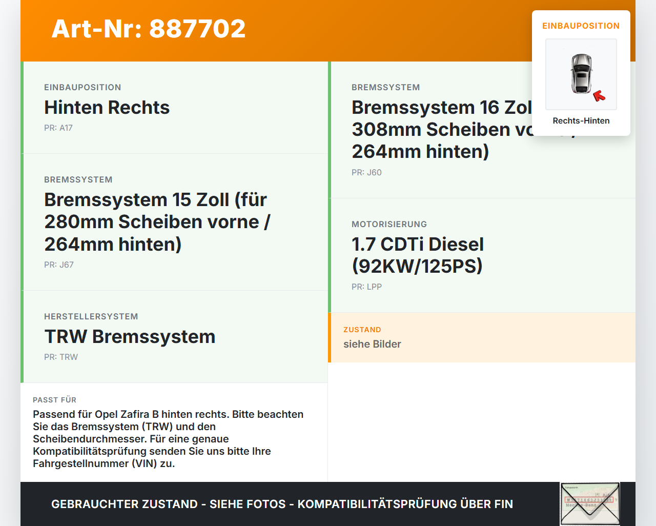 Opel Zafira B  A05 11-16 CDTi 1,7 92KW Bremssattel Bremszange Hinten Rechts Opel Zafira B  A05 11-16 04.06.2013... Vorschau 3