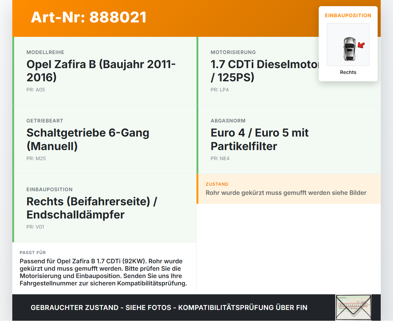 Opel Zafira B  A05 11-16 CDTi 1,7 92KW Endtopf Nachschalldämpfer Auspuff Rechts Opel Zafira B  A05 11-16 04.06.2013... Vorschau 3