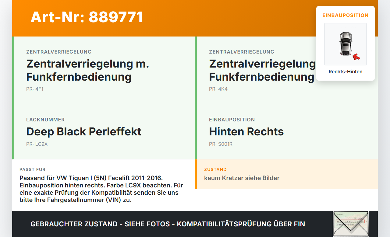 VW Tiguan I 5N 11-16 Türgriff Griff aussen Rechts Hinten LC9X VW Tiguan I 5N 11-16 10.08.2011 gebraucht Vorschau 3