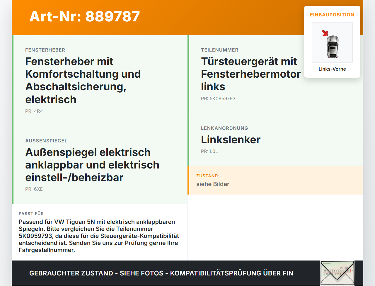 VW Tiguan I 5N 11-16 Fensterhebermotor Links Vorne VW Tiguan I 5N 11-16 10.08.2011 5K0959793 gebraucht Vorschau 3