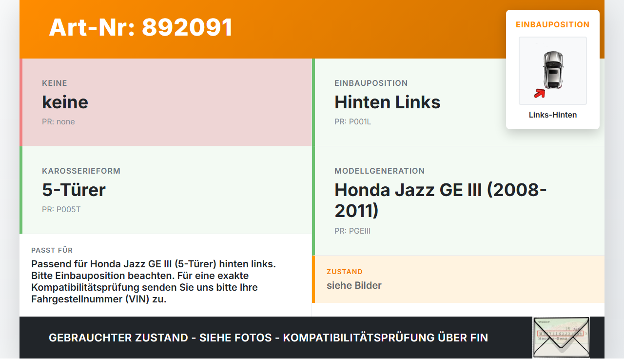 Honda Jazz GE III 08-11 5T Türfangband Türbremse Türanschlag Links Hinten Honda Jazz GE III 08-11 13.07.2009 gebraucht Vorschau 3
