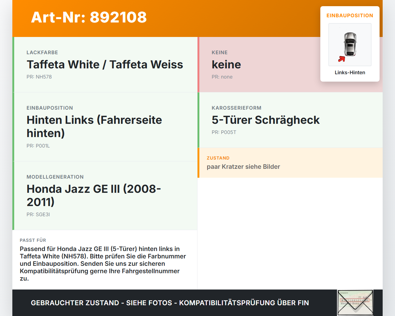 Honda Jazz GE III 08-11 5T Türgriff Griff aussen Links Hinten NH578 Honda Jazz GE III 08-11 13.07.2009 gebraucht Vorschau 3