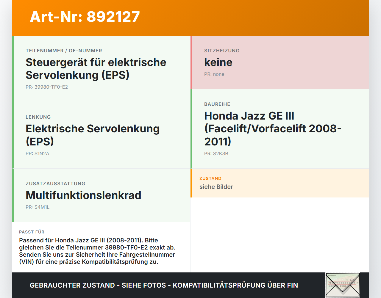 Honda Jazz GE III 08-11 Steuergerät ECU Modul SG Servolenkung Honda Jazz GE III 08-11 13.07.2009 39980-TF0-E2 gebraucht Vorschau 3