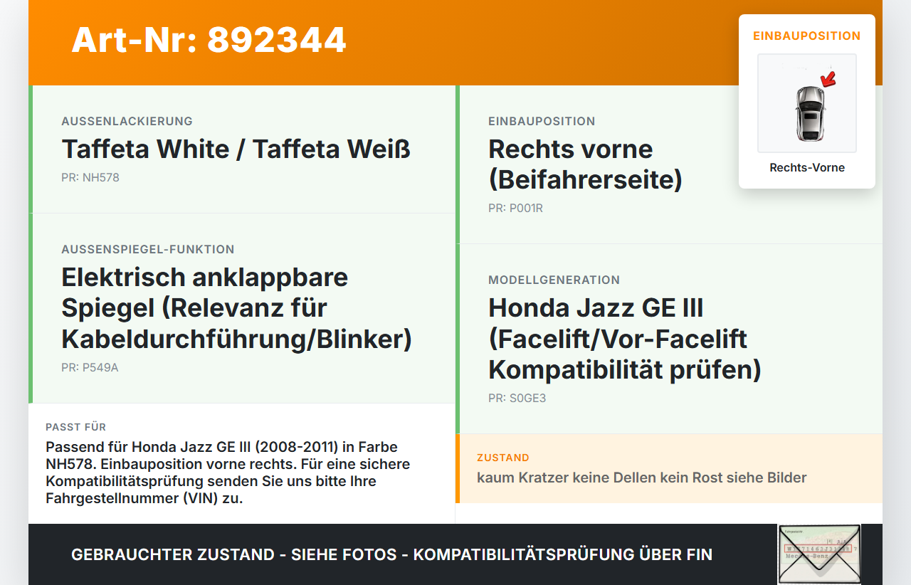 Honda Jazz GE III 08-11 Kotflügel Rechts Vorne NH578 Honda Jazz GE III 08-11 13.07.2009 gebraucht Vorschau 3