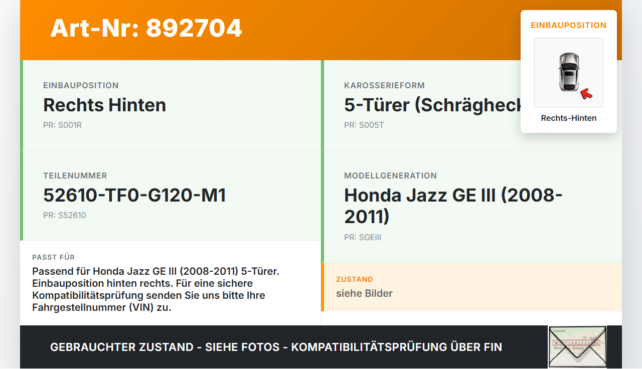 Honda Jazz GE III 08-11 5T Stossdämpfer Rechts Hinten Honda Jazz GE III 08-11 13.07.2009 52610-TF0-G120-M1 gebraucht Vorschau 3