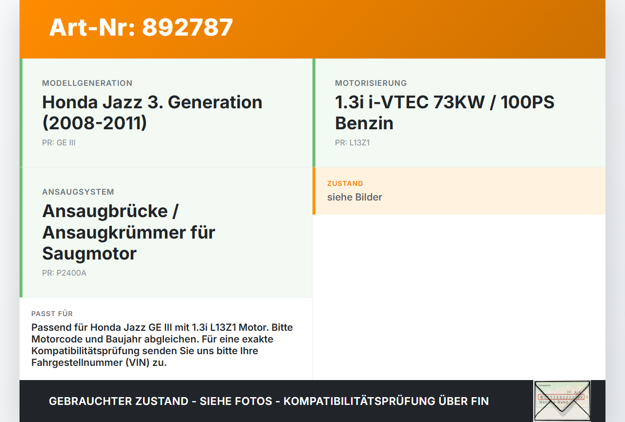 Honda Jazz GE III 08-11 1,3i 73KW L13Z1 Ansaugbrücke Ansaugkrümmer Honda Jazz GE III 08-11 13.07.2009 gebraucht Vorschau 3