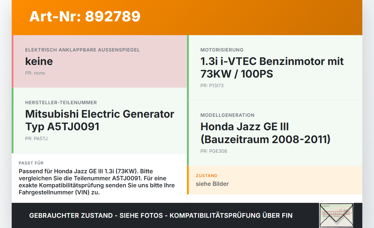 Honda Jazz GE III 08-11 1,3i 73KW Lichtmaschine Generator Honda Jazz GE III 08-11 13.07.2009 A5TJ0091 gebraucht Vorschau 3