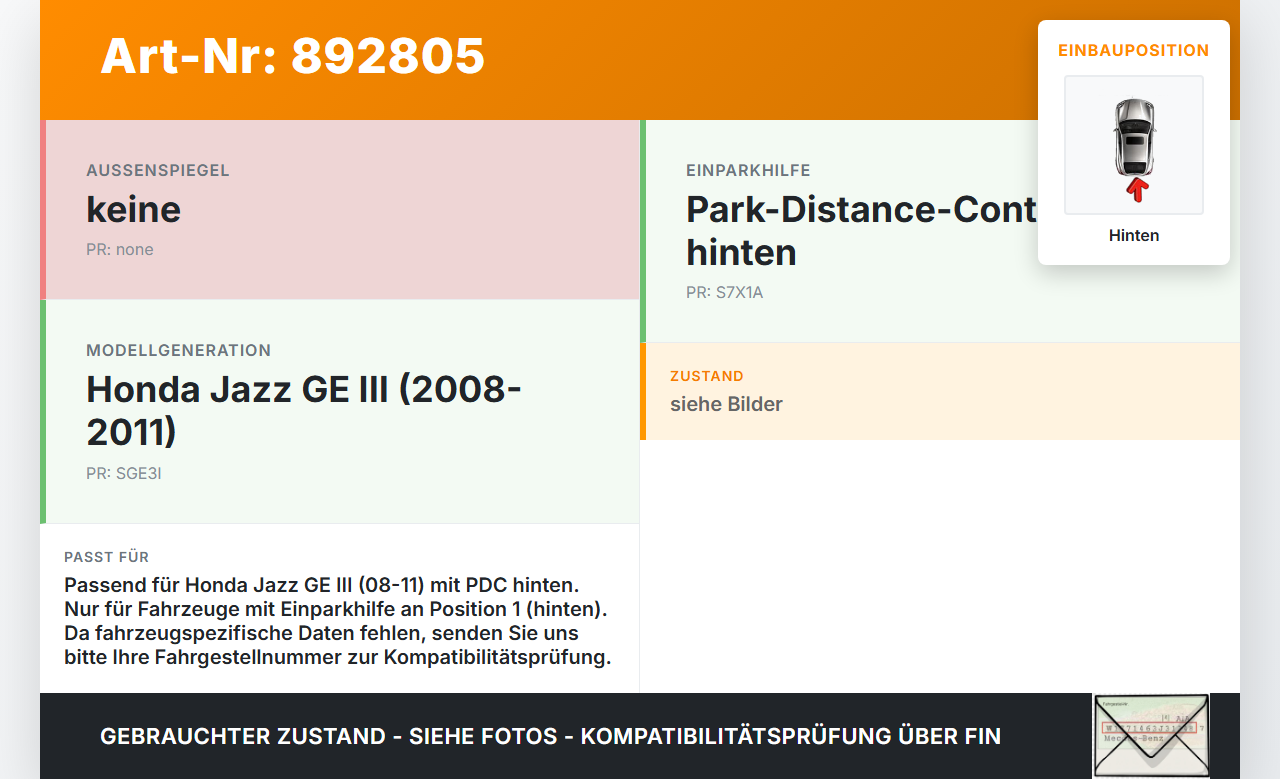 Honda Jazz GE III 08-11 PDC Kabelbaum Pos.1 Hinten Honda Jazz GE III 08-11 13.07.2009 gebraucht Vorschau 3