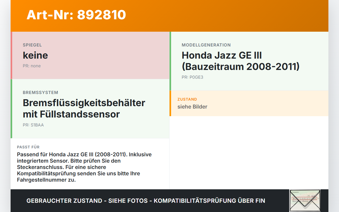 Honda Jazz GE III 08-11 Bremsflüssigkeitsbehälter mit Sensor Honda Jazz GE III 08-11 13.07.2009 gebraucht Vorschau 3