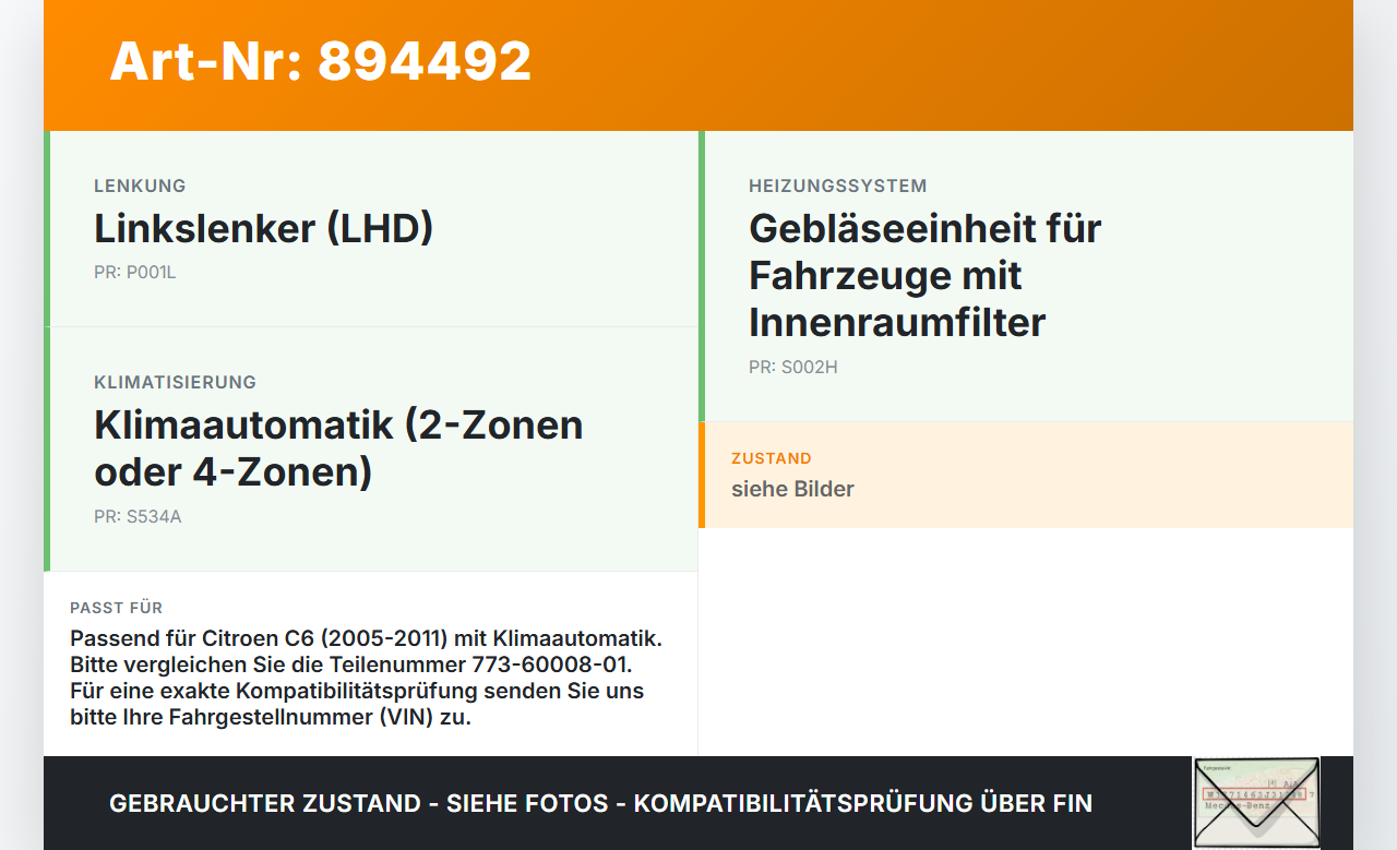 Citroen C6 05-11 Gebläsemotor Lüftermotor Heizungsgebläse Citroen C6 05-11 01.05.2005 4PYH-18456-AA 773-60008-01... Vorschau 3