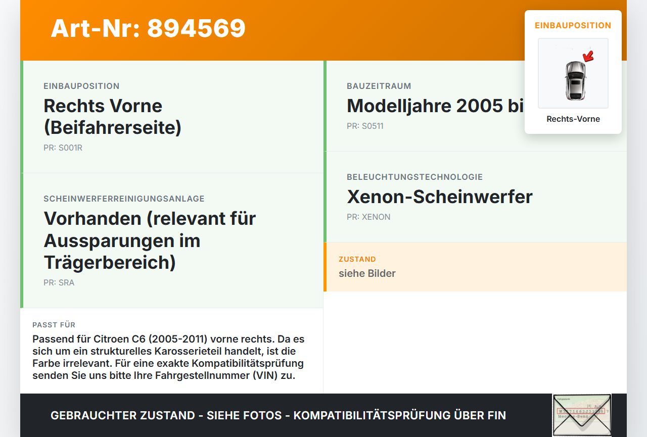 Citroen C6 05-11 Frontträger Träger Teilstück für Frontmaske Rechts Vorne Citroen C6 05-11 01.05.2005 gebraucht Vorschau 3